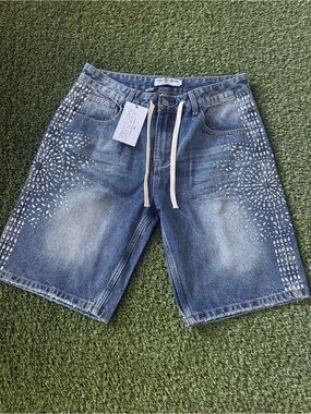 Valley Vale Sports Division Rhinestone Denim Jorts Shorts Y2K Streetwear 32